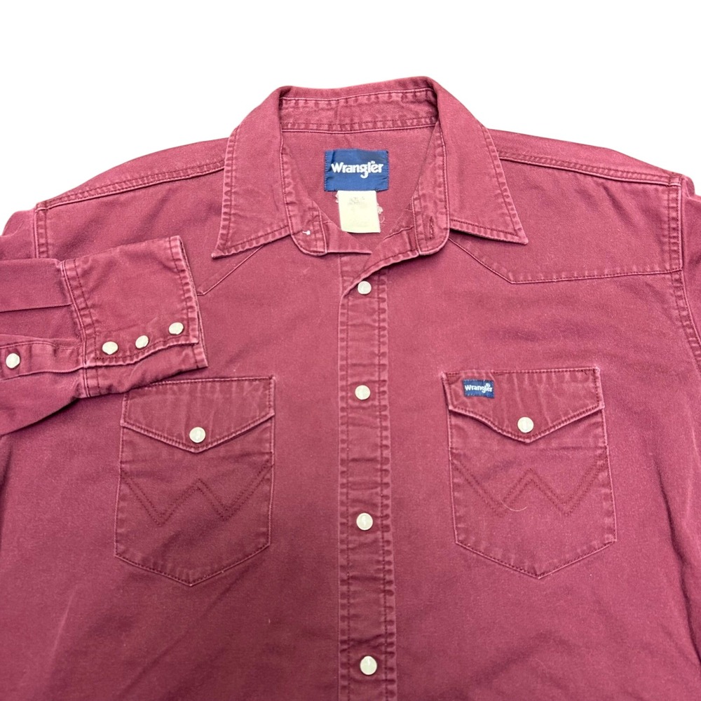 Wrangler Western Pearl Snap Shirt Men XL Burgundy Long Sleeve Thick Twill Cotton